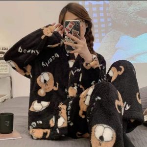 Piyama wanita kancing bulu tebal - Baju tidur polos import korean