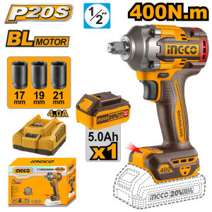 INGCO บล็อกกระแทกไร้สาย 4 หุน 20V Brushless รุ่นใหม่ แรงบิด 400 NM รุ่น CIWLI20401 (เครื่องเปล่า) และชุดแบตเตอร์รี่และที่ชาร์จ