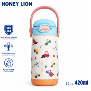 100% Spill-Proof Kids Straw Thermos - Double Wall 304 SS Thermal Flask - 410ML Aesthetic Water Bottle for Back to School & Camping- HoneyLion