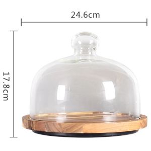 Tempat Kue Acacia Round Wooden Rotatable Cake Stand with Glass Cover Cake Plate