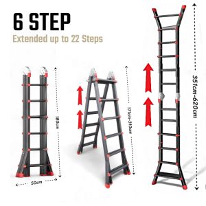 6 STEP Black Transformable Telescopic Extendable Ladder Heavy Duty Aluminium Alloy Thickened Ladder Multi-purpose Foldable Ladder