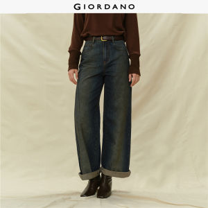 Giordano Women Vintage Washed High-Waisted Wide-Leg Denim Pants with Pleats Free Shipping 18415704