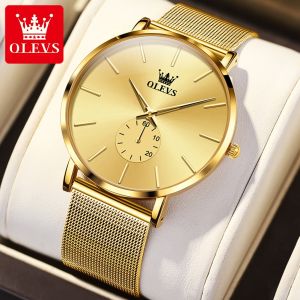 OLEVS  Official Original Authentic Mens Watch New Waterproof Luxury Brand Fashion Leisure Recording Time Luminous Gold Quartz Watch Milan Steel Strap Gift for Boyfriend