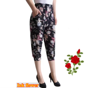 Womens straight leg pants for the middle-aged and elderly large size loose cropped pants cool and breathable casual knickerbockers in summer