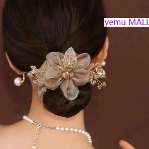 yemu MALL ยางรัดผมสำหรับผู้หญิงเชือกผูกผมประดับพลอยเทียมรูปดอกไม้ที่สง่างาม