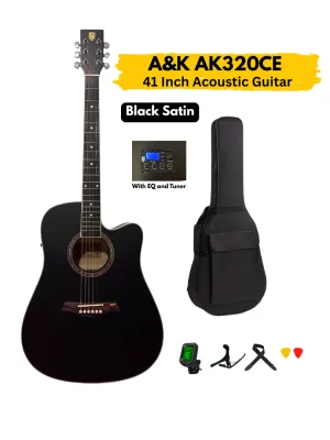 A&K AK320CE Black 41Inch Acoustic Guitar with Built-In EQ Tuner Bag Strap and Picks