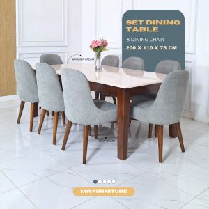 set meja makan kaki kayu top marmer putih carrara dan kursi 8pc