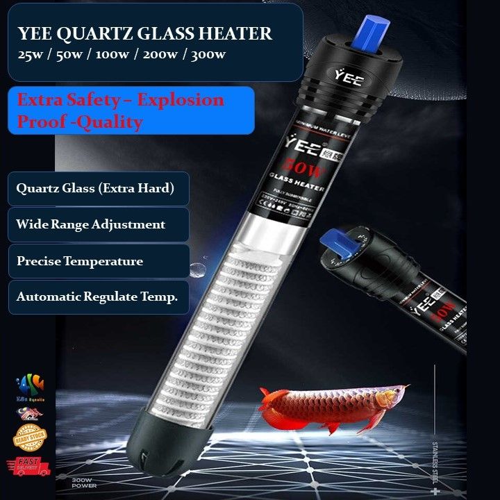 YEE Aquarium Heater Glass + Stainless Steel, Pemanas Akuarium jenis Kaca  水族玻璃加热棒  YGH Series 25w, 50w, 100w, 200w, 300w