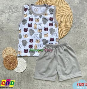 Setelan Harian Lengan Kutung Celana Pendek Setelan Baju Bayi Lengan Singlet Motif Leaf Usia 3-12 Bulan Almeera Baby and Kids