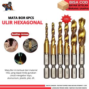 6PCS Mata Bor Pembuat Ulir Drat Drill Tap Set Hex Twist Spiral Tapper Baut Bit Drilling Tapping Deburring