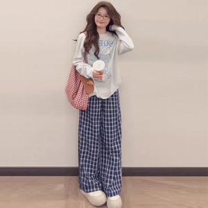 COD露思同款蓝色格子裤女春2025新款宽松直筒小个子慵懒松弛感阔腿裤2026新品