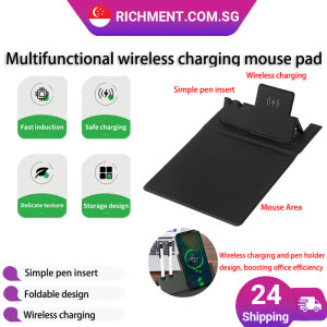 ✅SG Brand🔥】3-in-1 Portable Foldable Wireless Charging Stand Mouse Pad PU Leather Desk Organizer with Phone Holder Pen Slot & Non-Slip Base for Office School Travel/Office use/Home Use Best Gift for friends/Family