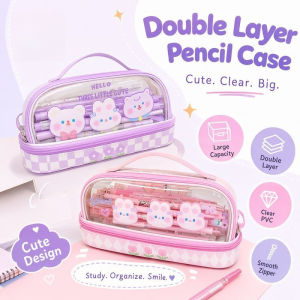 Transparent Pencil Case Double Layer Large Capacity Kawaii Cartoon Waterproof School Stationery