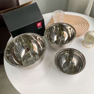 🔥Ready stock ZWILLING 304 stainless steel vegetable washing basin three piece set multi-purpose egg beating and flour German double stainless steel salad fruit bowl and noodle bowl kitchen household egg-beating baking and washing 3-piece set