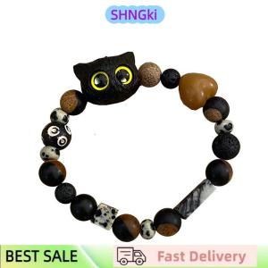 SHNGki New Cute Little Black Cat Bracelet For Women Men Fashion Funny Cartoon Animal Beaded Bracelet Trendy Couple Friend Jewelry Gifts
