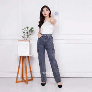WINAGA - HighWaist Cargo Loose Jeans Polos Celana Panjang Cargo Jeans Wanita