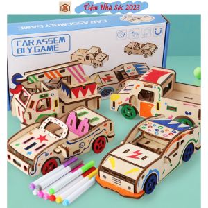 Đồ Chơi Trẻ Em Bộ Ghép Hình Ô TÔ DIY Bằng Gỗ Cao Cấp Kèm 12 bút Màu Giúp Bé Phát Triển Tư Duy-Tiệm Nhà Sóc 2023