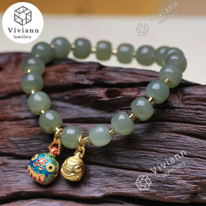 Viviann Hetian Jade Beaded Bracelet White-Green Jade Beads Bangle Stretch Charm Jewelry Bracelet Prayer Bracelet For Women Gemstone Bracelet 7x8mm Charm Bracelets & Bangles Gift pendant