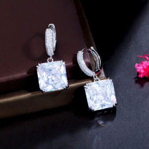SEQUITO Delicate Micro Pave Cubic Zirconia Small Round Hoop with Square Yellow Topaz Drop Fashion Chic French Earrings for Ladies SE592