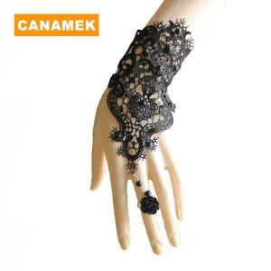 【CANAMEK】 1pc Women Goth Rose Beads Flower Lace Slave Glove Adjustable Ring Long Bracelet