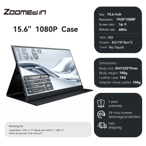 【Local Warehouse】ZOOMEDIN 15.6 FHD Ultra Light&Thin Portable Monitor with Adjustable Kickstand & Pencil Hole Laptop Extender Monitor for Laptop PS5/4 Xbox Switch Phone PC.