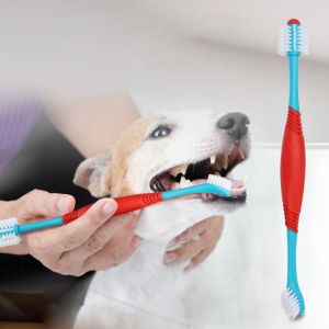 DEQIX 360° Pet Double Head Toothbrush Plastic Soft Bristle Cat Grooming Toothbrush Portable Wear Resistant Pet Finger Toothbrush For Dogs Cats