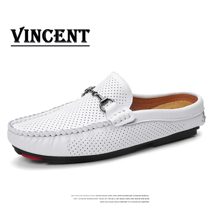 VINCENT Half Shoes for Men Genuine Leather Shoes Flat Driving Sandals Slip on Half Loafers for Men Half Slippers 2022 New Fashion Casual Mules for Men Half Drag Shoes Lazada PH