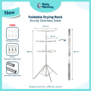 Babymommy👶BabymommyKids Stainless Steel Clothes Hanger | 3-Tier Foldable Drying Rack with 50 Clips & 20 Rods | Ampai Baju Lipat