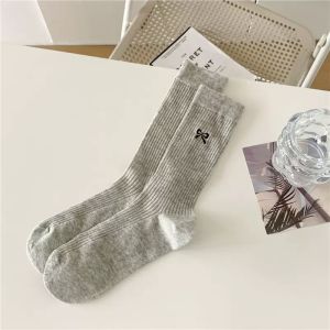 Socks embroidered bowknot medium-length gray female ballet style long-length cotton Korean summer thin pile socks