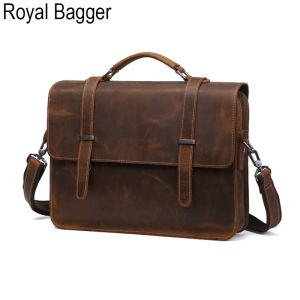 Royal Bagger Genuine Cow Leather Waterproof 14 Inch Laptop Briefcase Handbag for Men Boys Super Hot Multifunction Mens Business Travel High Capacity Bag Cool Casual Work Outdoor Shoulder Crossbody Bags