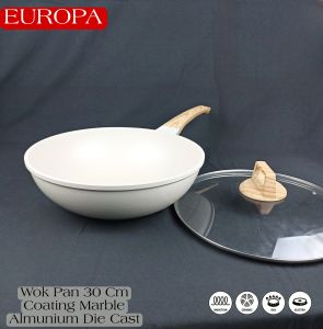 Wajan Penggorengan Anti Lengket Kuali Marble Cream Induksi Wok Pan With Lid 30CM - EUROPA