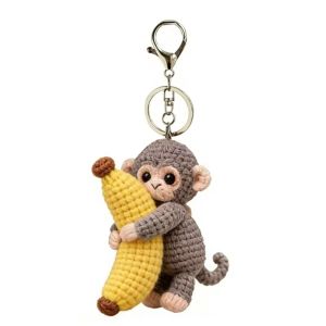 BECOME Hugging Banana Monkey Keyring Handmade Bag Charm Crochet Keychain Adorable Woven Knitted Doll Backpack Purse
