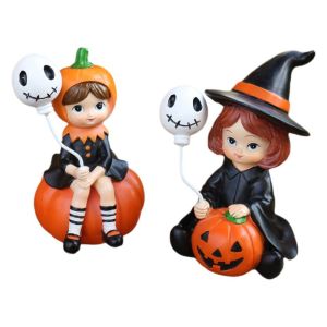 MNTT 2pcs Witch Doll Halloween Statues Resin Cute Halloween Party Ornaments Micro Landscape Creative Pumpkin Girl Figurines for Home Decor Sculptures