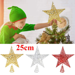 25cm Big Christmas Five-pointed Star Gold Sliver Glitter Christmas Tree Top Star Decorations For Home Exquisite Iron Art Ornament Xmas Party New Year Decor