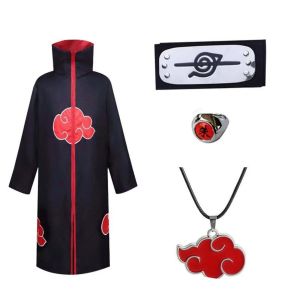 Naruto Akatsuki Cloak Cosplay Full Set Robe with Headband Ring Necklace Itachi Uchiha Costume for Halloween Role‑Play