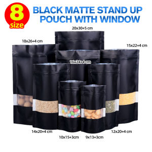 100pcs Black Matte Stand Up Pouch with Window Cookies Coffee Packaging Resealable