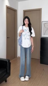 YAYANGREN Summer Thin High Waist Draped Slim Straight Ice Silk Wide Leg Jeans Womens Elastic Waistband Tencel Denim Loose Fit Jeans