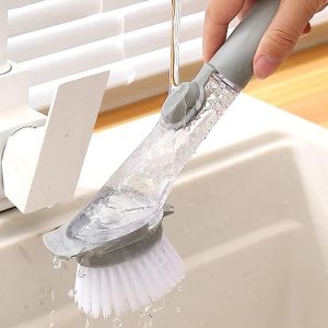 Dish Brush with Soap Dispenser Kitchen Dishwashing Scrubber Head with Handle Dish Cleaning Brush Dish Wand for Dishes Pots Grey