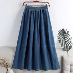 FairyTaill Vintage Splicing Long Denim Skirts Jeans Summer Elastic High  Waist Pleated Skirt Women Korean Fashion Blue Wild Simple Midi Skirt  Oversized 201D253