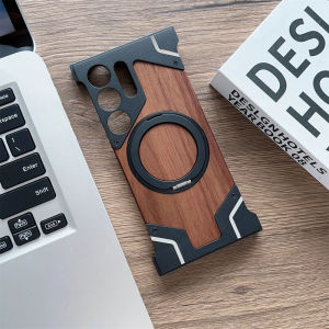 Aluminum alloy frame magnetic Holder phone case for Samsung Galaxy S24 S22 S23 ultra metal frameless wooden hard cover