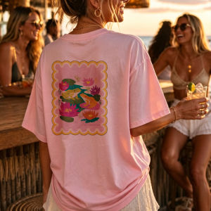 [Local Stock] HBESTY  With Frogs Lotus Flowers Scalloped Border Pink Graphic Print Tropical Design Short Sleeve T-Shirt High Quality Cotton Casual Tee