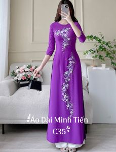 Áo Dài Lụa Mỹ Cao Cấp Họa Tiết Thêu Thủ Công Tỉ Mỉ - Mã C35