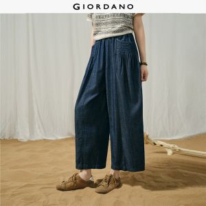 Giordano Women Pleated pockets wide leg ankle length denim pants Free Shipping 18426608
