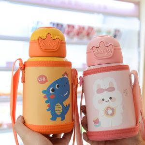 YTRYTWE 480ml Childrens Water Kettle Stainless Steel with Straw Vacuum Flask Portable Cartoon Kids Thermos Bottle Outdoor Use