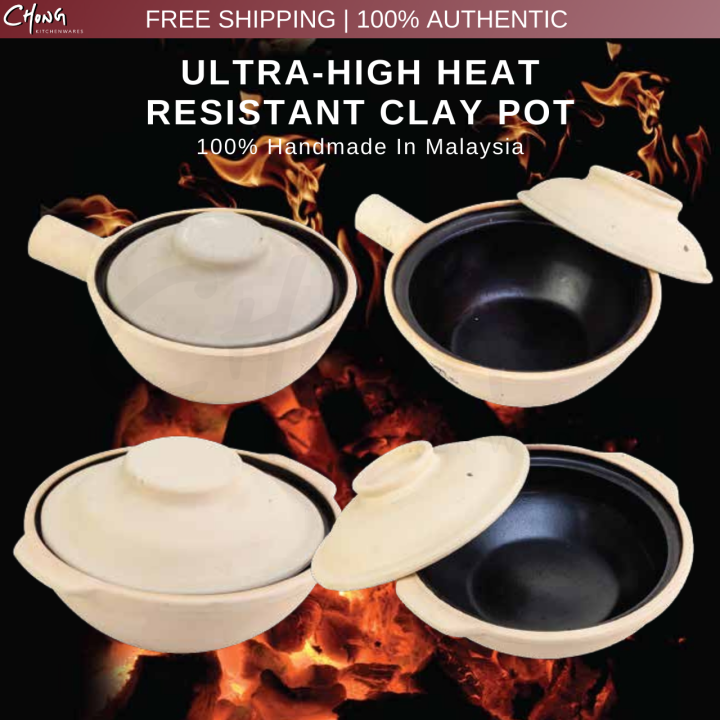 UltraHigh Heat Resistant Clay Pot with Lid, Single Double Handle, [ Handmade Deep Shallow