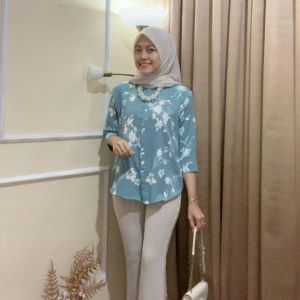 kemeja wanita crinkle motif bunga lengan panjang 3/4 jumbo ld120 oversize terbaru 2024