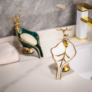 Self-draining Soap Dish Leaf Shaped Soap Box With Deer Decoration Soap Holder For Bathroom Kitchen Home Bathroom Decor