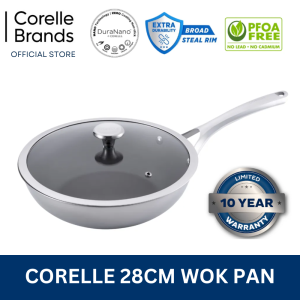 Corelle DuraNano 28cm Wok Pan with Lid - Uncoated Non-Stick Stainless Steel Cookware (10 Years Warranty) CBDN28WOK/SG