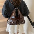 TSEVD Solid Color Multiple Pockets Backpacks Y2K Style Large Capacity PU Leather Crosbody Bag Casual Shoulder Bag Women's Backpack Outdoor. 