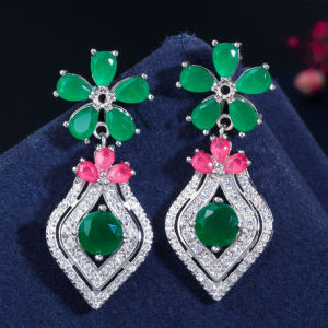 SEQUITO Trendy Ladies Jewelry Silver Plated Full Micro Pave Multicolor AAAAA Cubic Zirconia Long Drop Dangle Flower Crystal Earrings for Evening Party SE781